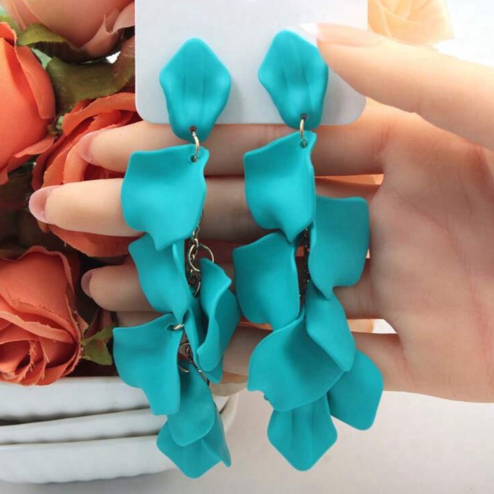 Teal Flower Petals Dangle Earrings